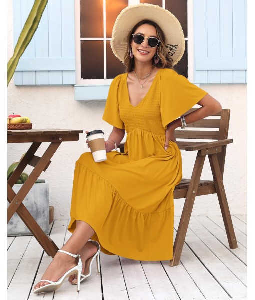 AUSELILY Women's Summer Empire Waist Dress Smocked Flutter Short Sleeve V Neck Midi Dresses 2025 New
