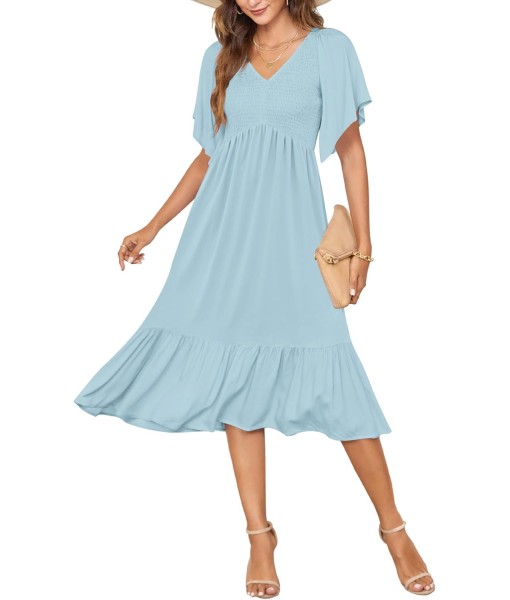 AUSELILY Women's Summer Empire Waist Dress Smocked Flutter Short Sleeve V Neck Midi Dresses 2025 New