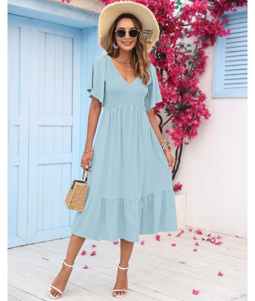 AUSELILY Women's Summer Empire Waist Dress Smocked Flutter Short Sleeve V Neck Midi Dresses 2025 New