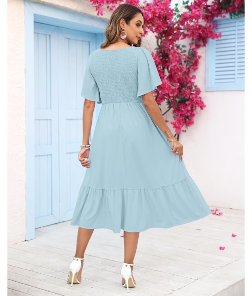 AUSELILY Women's Summer Empire Waist Dress Smocked Flutter Short Sleeve V Neck Midi Dresses 2025 New