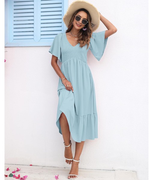 AUSELILY Women's Summer Empire Waist Dress Smocked Flutter Short Sleeve V Neck Midi Dresses 2025 New