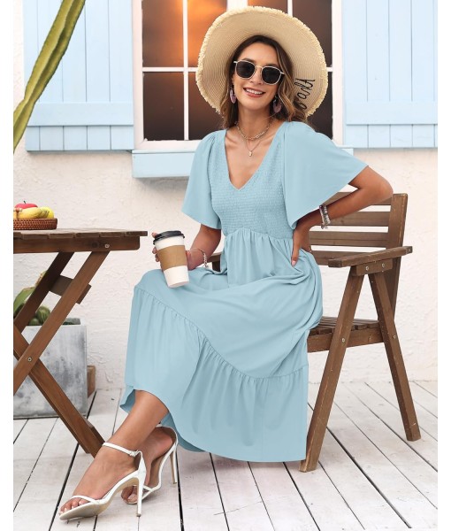 AUSELILY Women's Summer Empire Waist Dress Smocked Flutter Short Sleeve V Neck Midi Dresses 2025 New