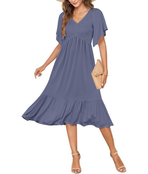 AUSELILY Women's Summer Empire Waist Dress Smocked Flutter Short Sleeve V Neck Midi Dresses 2025 New