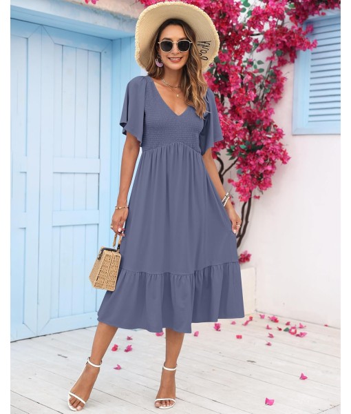 AUSELILY Women's Summer Empire Waist Dress Smocked Flutter Short Sleeve V Neck Midi Dresses 2025 New