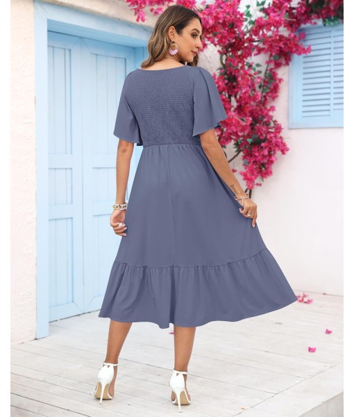AUSELILY Women's Summer Empire Waist Dress Smocked Flutter Short Sleeve V Neck Midi Dresses 2025 New