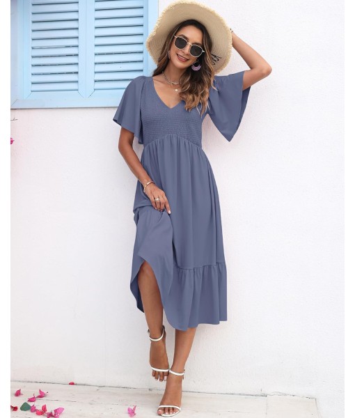 AUSELILY Women's Summer Empire Waist Dress Smocked Flutter Short Sleeve V Neck Midi Dresses 2025 New