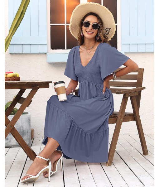 AUSELILY Women's Summer Empire Waist Dress Smocked Flutter Short Sleeve V Neck Midi Dresses 2025 New