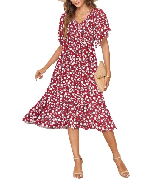 AUSELILY Women's Summer Empire Waist Dress Smocked Flutter Short Sleeve V Neck Midi Dresses 2025 New