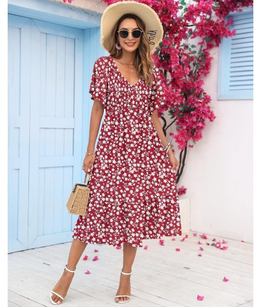 AUSELILY Women's Summer Empire Waist Dress Smocked Flutter Short Sleeve V Neck Midi Dresses 2025 New