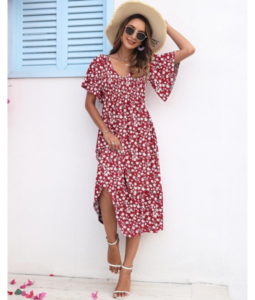 AUSELILY Women's Summer Empire Waist Dress Smocked Flutter Short Sleeve V Neck Midi Dresses 2025 New