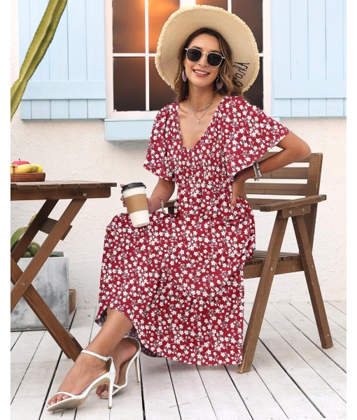 AUSELILY Women's Summer Empire Waist Dress Smocked Flutter Short Sleeve V Neck Midi Dresses 2025 New