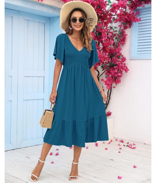 AUSELILY Women's Summer Empire Waist Dress Smocked Flutter Short Sleeve V Neck Midi Dresses 2025 New