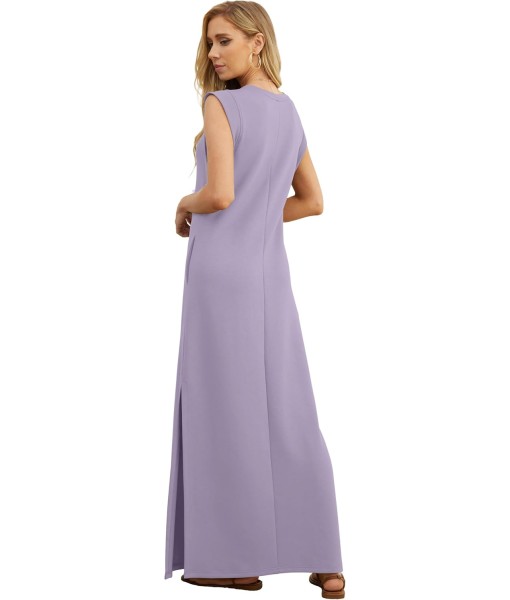 GRECERELLE 2025 Women Year-Round Casual Round Neck Loose Split Wrinkle-Free Long Maxi Vacation Dress with Pockets (XS-3XL)