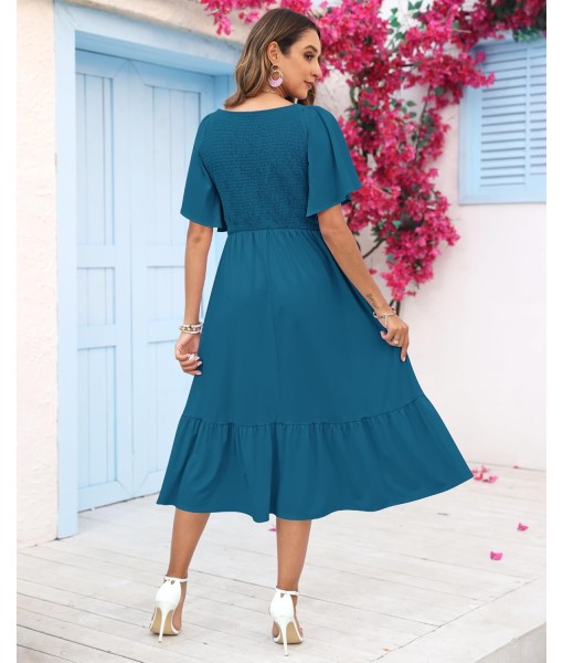 AUSELILY Women's Summer Empire Waist Dress Smocked Flutter Short Sleeve V Neck Midi Dresses 2025 New