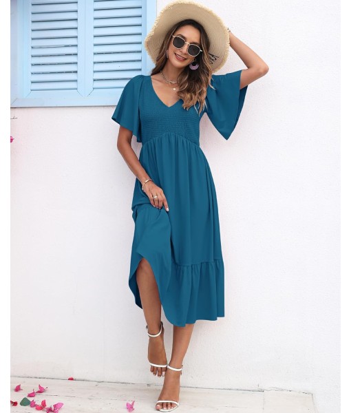 AUSELILY Women's Summer Empire Waist Dress Smocked Flutter Short Sleeve V Neck Midi Dresses 2025 New