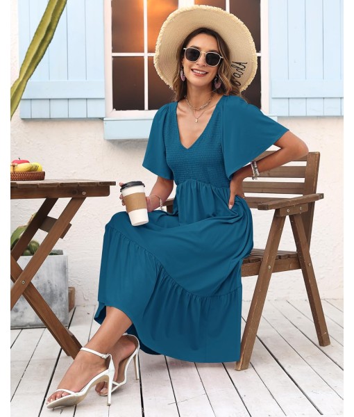 AUSELILY Women's Summer Empire Waist Dress Smocked Flutter Short Sleeve V Neck Midi Dresses 2025 New