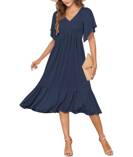 AUSELILY Women's Summer Empire Waist Dress Smocked Flutter Short Sleeve V Neck Midi Dresses 2025 New