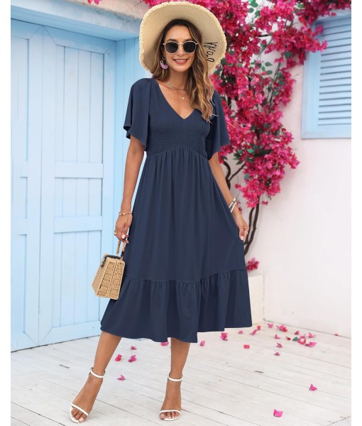 AUSELILY Women's Summer Empire Waist Dress Smocked Flutter Short Sleeve V Neck Midi Dresses 2025 New