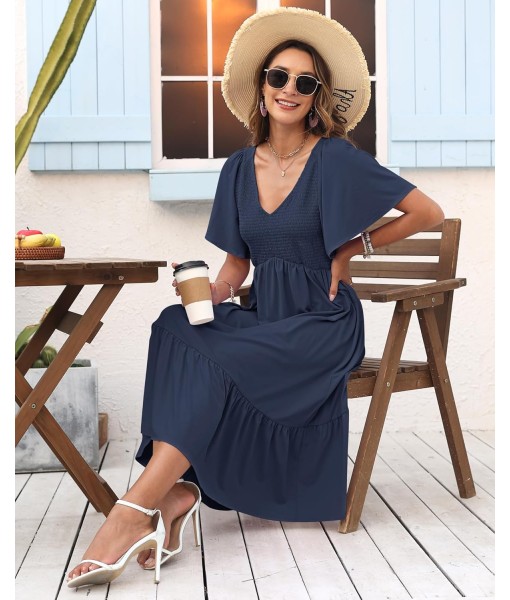 AUSELILY Women's Summer Empire Waist Dress Smocked Flutter Short Sleeve V Neck Midi Dresses 2025 New