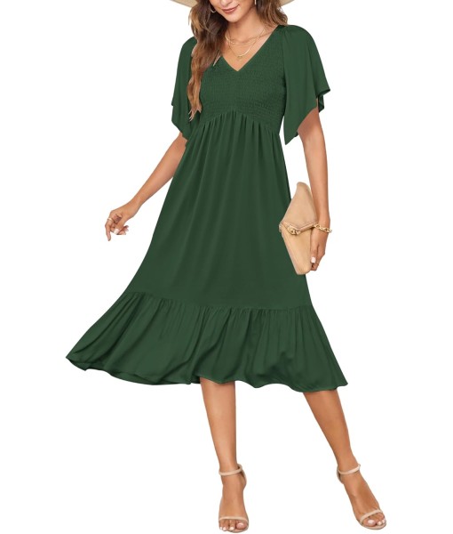 AUSELILY Women's Summer Empire Waist Dress Smocked Flutter Short Sleeve V Neck Midi Dresses 2025 New