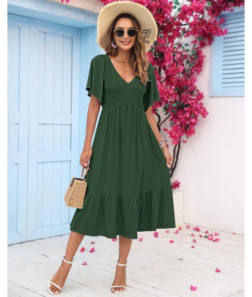 AUSELILY Women's Summer Empire Waist Dress Smocked Flutter Short Sleeve V Neck Midi Dresses 2025 New