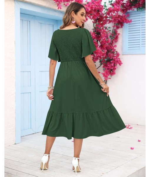 AUSELILY Women's Summer Empire Waist Dress Smocked Flutter Short Sleeve V Neck Midi Dresses 2025 New