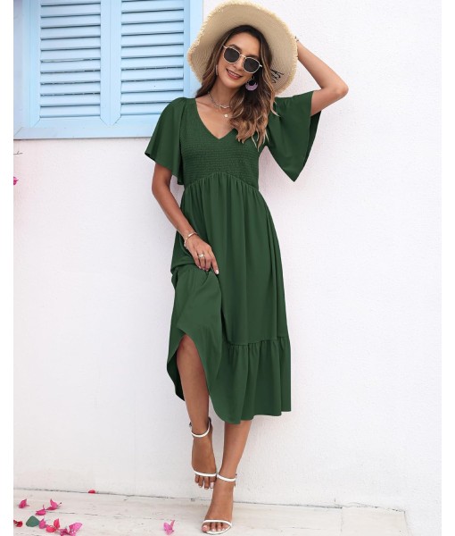 AUSELILY Women's Summer Empire Waist Dress Smocked Flutter Short Sleeve V Neck Midi Dresses 2025 New