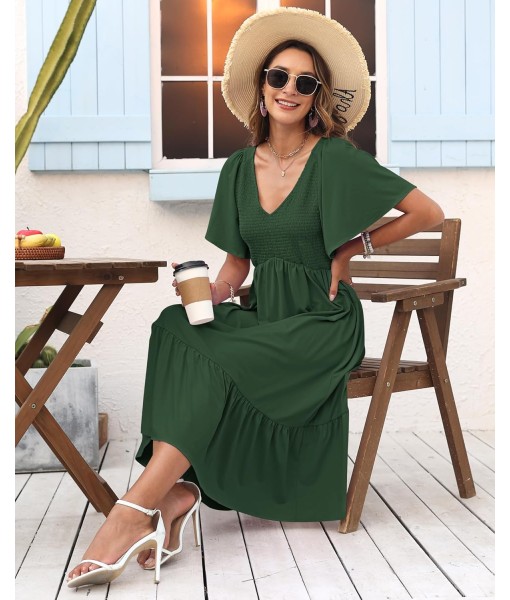 AUSELILY Women's Summer Empire Waist Dress Smocked Flutter Short Sleeve V Neck Midi Dresses 2025 New