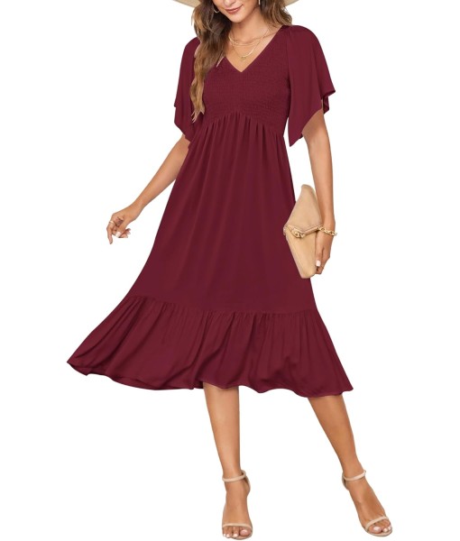 AUSELILY Women's Summer Empire Waist Dress Smocked Flutter Short Sleeve V Neck Midi Dresses 2025 New