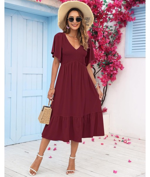 AUSELILY Women's Summer Empire Waist Dress Smocked Flutter Short Sleeve V Neck Midi Dresses 2025 New