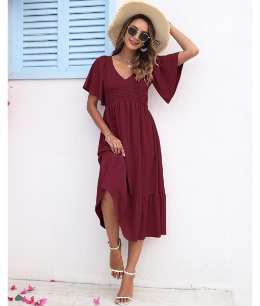 AUSELILY Women's Summer Empire Waist Dress Smocked Flutter Short Sleeve V Neck Midi Dresses 2025 New
