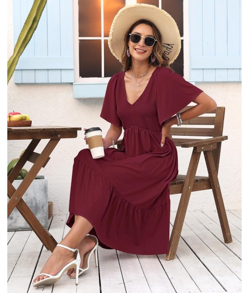 AUSELILY Women's Summer Empire Waist Dress Smocked Flutter Short Sleeve V Neck Midi Dresses 2025 New