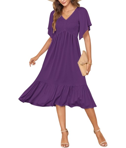 AUSELILY Women's Summer Empire Waist Dress Smocked Flutter Short Sleeve V Neck Midi Dresses 2025 New