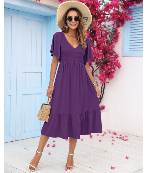 AUSELILY Women's Summer Empire Waist Dress Smocked Flutter Short Sleeve V Neck Midi Dresses 2025 New