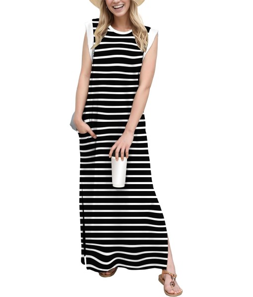 GRECERELLE 2025 Women Year-Round Casual Round Neck Loose Split Wrinkle-Free Long Maxi Vacation Dress with Pockets (XS-3XL)