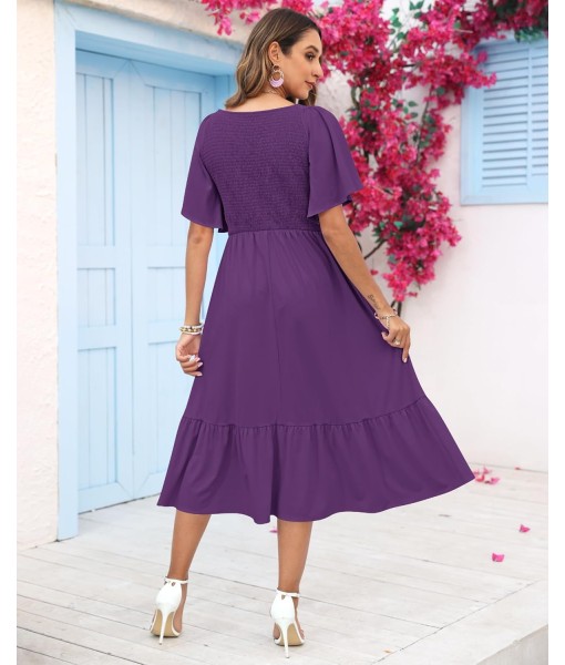 AUSELILY Women's Summer Empire Waist Dress Smocked Flutter Short Sleeve V Neck Midi Dresses 2025 New