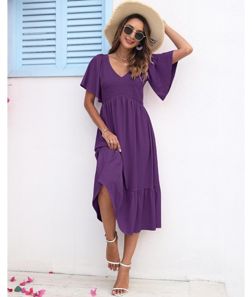 AUSELILY Women's Summer Empire Waist Dress Smocked Flutter Short Sleeve V Neck Midi Dresses 2025 New