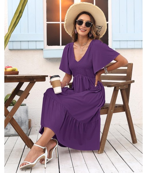 AUSELILY Women's Summer Empire Waist Dress Smocked Flutter Short Sleeve V Neck Midi Dresses 2025 New