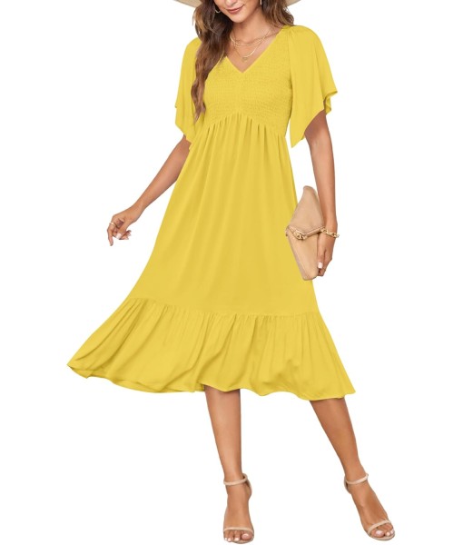 AUSELILY Women's Summer Empire Waist Dress Smocked Flutter Short Sleeve V Neck Midi Dresses 2025 New