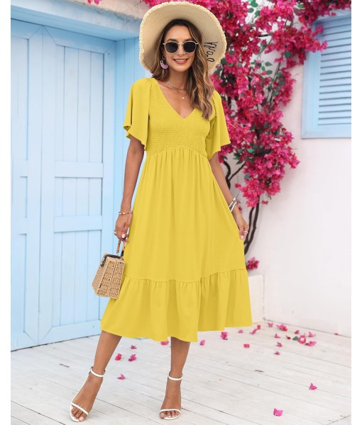 AUSELILY Women's Summer Empire Waist Dress Smocked Flutter Short Sleeve V Neck Midi Dresses 2025 New