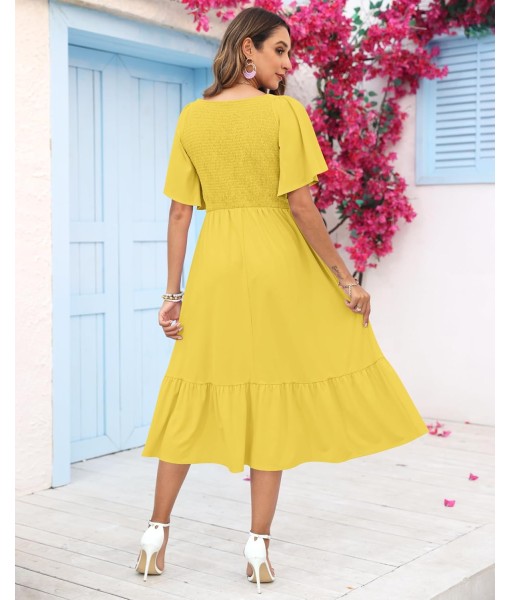 AUSELILY Women's Summer Empire Waist Dress Smocked Flutter Short Sleeve V Neck Midi Dresses 2025 New