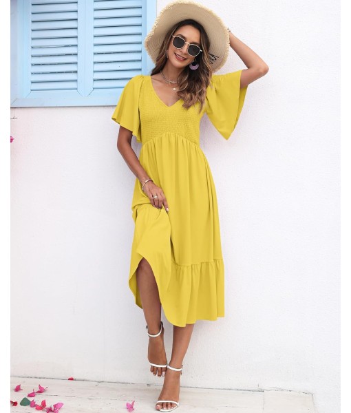 AUSELILY Women's Summer Empire Waist Dress Smocked Flutter Short Sleeve V Neck Midi Dresses 2025 New