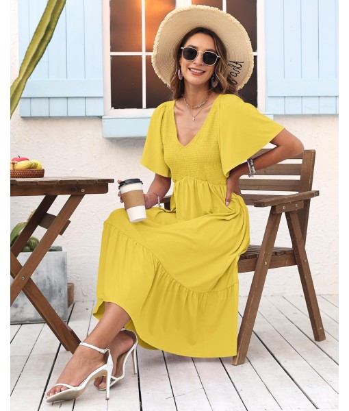 AUSELILY Women's Summer Empire Waist Dress Smocked Flutter Short Sleeve V Neck Midi Dresses 2025 New