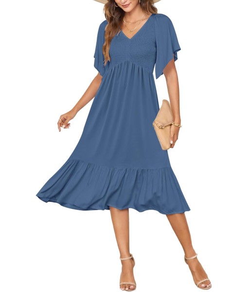 AUSELILY Women's Summer Empire Waist Dress Smocked Flutter Short Sleeve V Neck Midi Dresses 2025 New