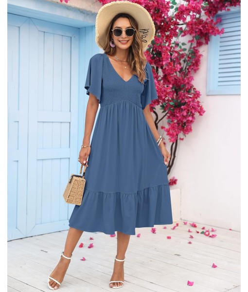 AUSELILY Women's Summer Empire Waist Dress Smocked Flutter Short Sleeve V Neck Midi Dresses 2025 New
