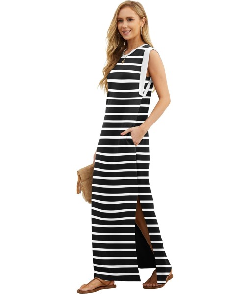 GRECERELLE 2025 Women Year-Round Casual Round Neck Loose Split Wrinkle-Free Long Maxi Vacation Dress with Pockets (XS-3XL)
