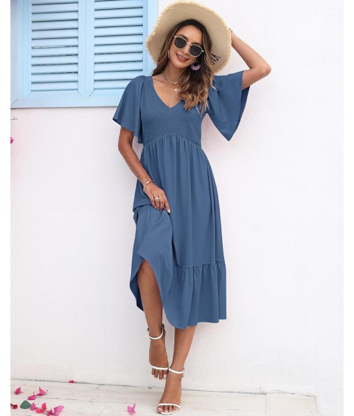 AUSELILY Women's Summer Empire Waist Dress Smocked Flutter Short Sleeve V Neck Midi Dresses 2025 New