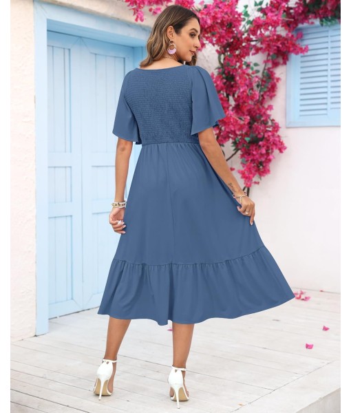 AUSELILY Women's Summer Empire Waist Dress Smocked Flutter Short Sleeve V Neck Midi Dresses 2025 New