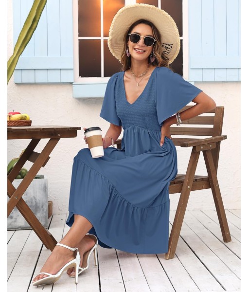 AUSELILY Women's Summer Empire Waist Dress Smocked Flutter Short Sleeve V Neck Midi Dresses 2025 New