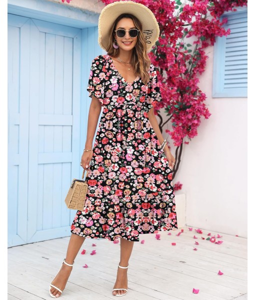 AUSELILY Women's Summer Empire Waist Dress Smocked Flutter Short Sleeve V Neck Midi Dresses 2025 New